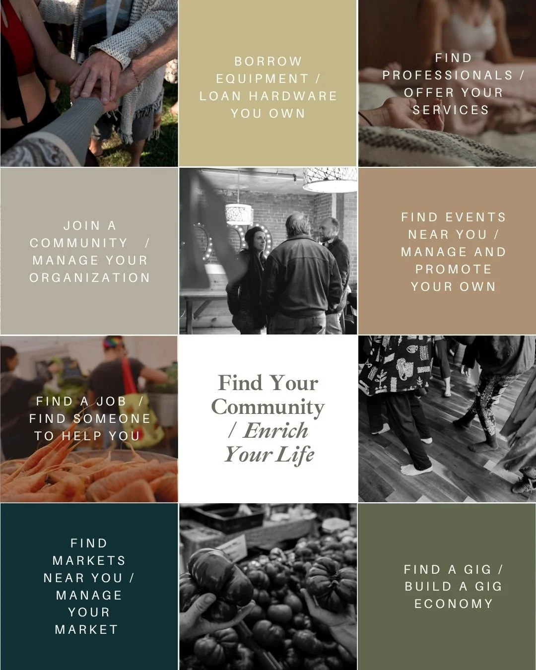 A collage of local community, exchange, events, services, and markets